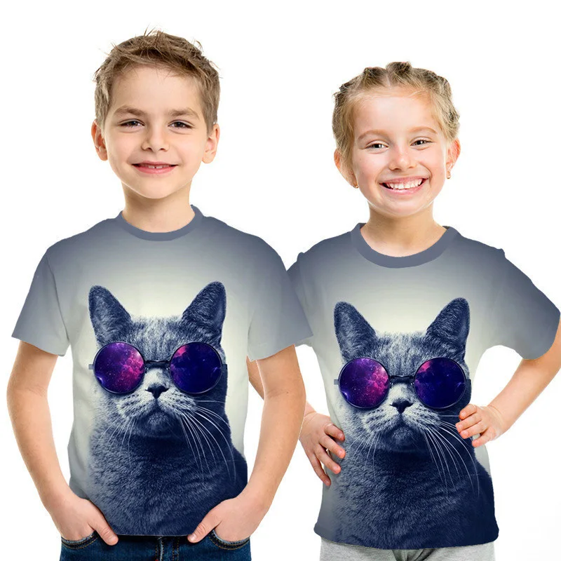 picture color Вечерние топы для маленьких девочек с рисунком кота, летние футболки с короткими рукавами для мальчиков и девочек, Повседневная футболка, одежда для малышей 3, 4, 5, 6, 7, 8 лет - Цвет: picture color