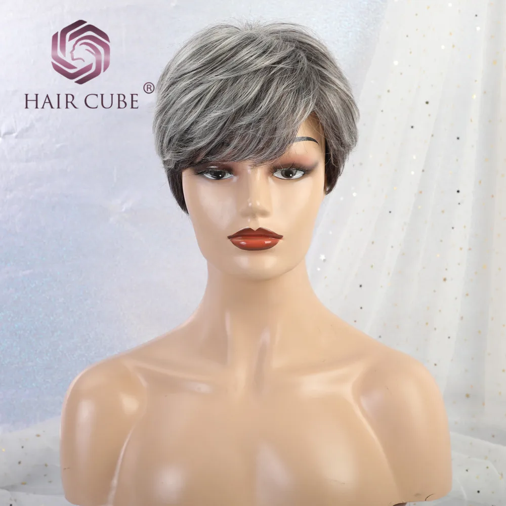 Haircube синтетические короткие прямые волосы парики Pixie срезанные серые цвета 50% человеческие волосы Омбре блики сторона челка смесь парик для женщин - Цвет: wm3035