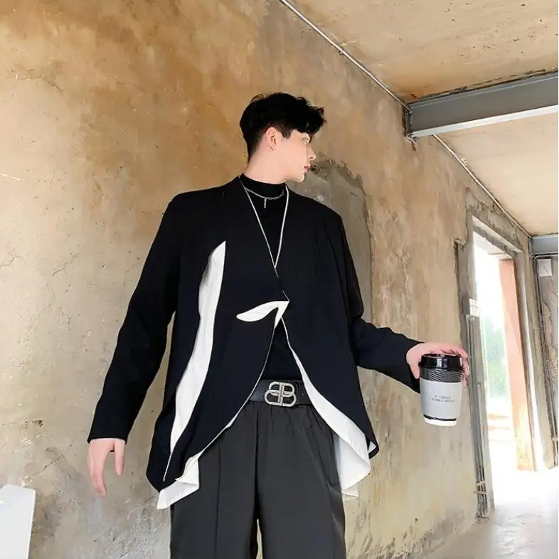 M-XL! весенние и осенние модели, черные и белые контрастные цвета, мужские поддельные два небольших костюма, парикмахерский костюм