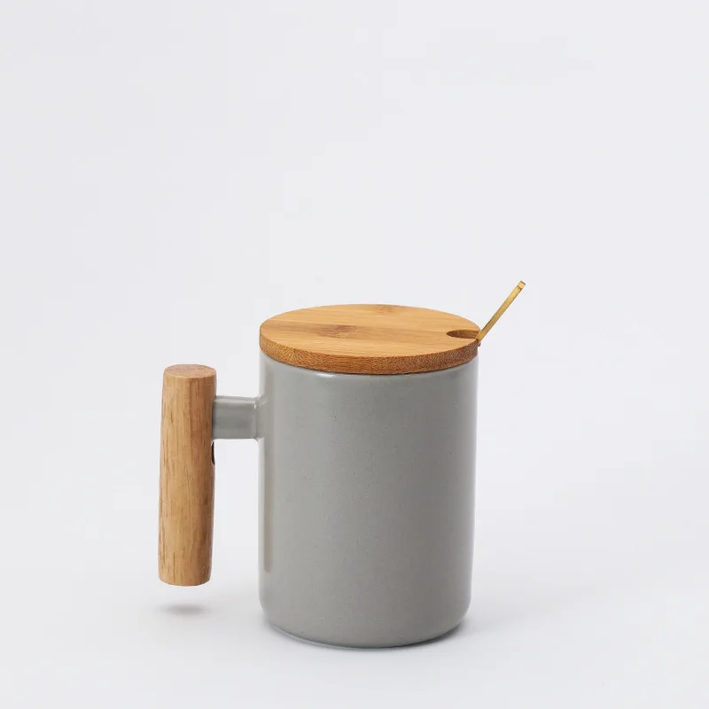 B-Gray-Spoon Lid Деревянная ручка керамическая кружка кофейная чашка короткие Кружки Кофейные чашки чайная чашка забавная кружка кофейная чашка дорожная кофейная кружка чистый цвет креативные кружки - Цвет: B-Gray-Spoon Lid