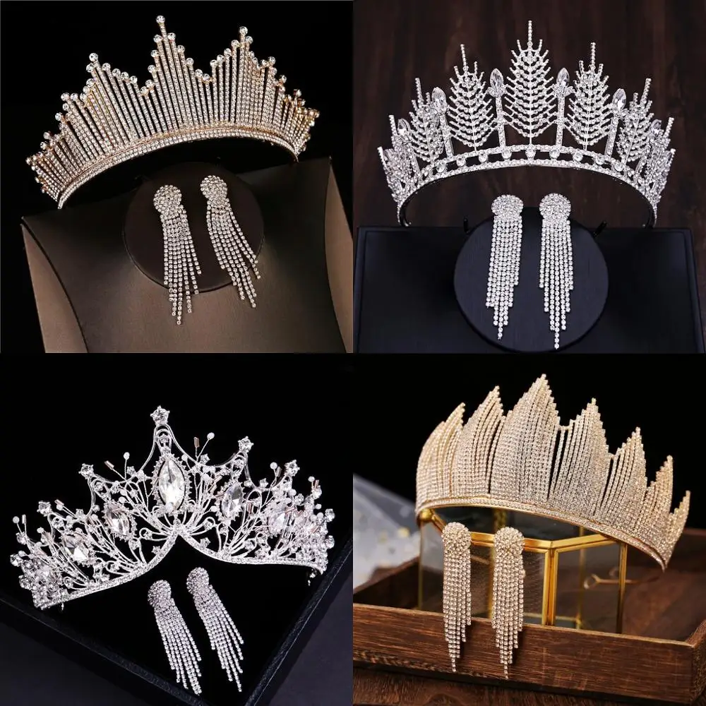 Baroque Luxury Silver Color Crystal Bridal Tiaras Crown With Earrings Rhinestone Pageant Diadem Wedding Hair Accessories Bijoux jewelry accessories jewelry set hair accessory hair headdress bridal headwear hair band crown