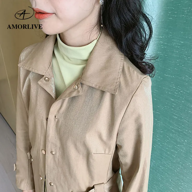 AMOR LIVE Magic Color Bright Silk Cotton Trench Coat With Belt Waterproof Windproof Drawstring Waist Long Female Windbreaker