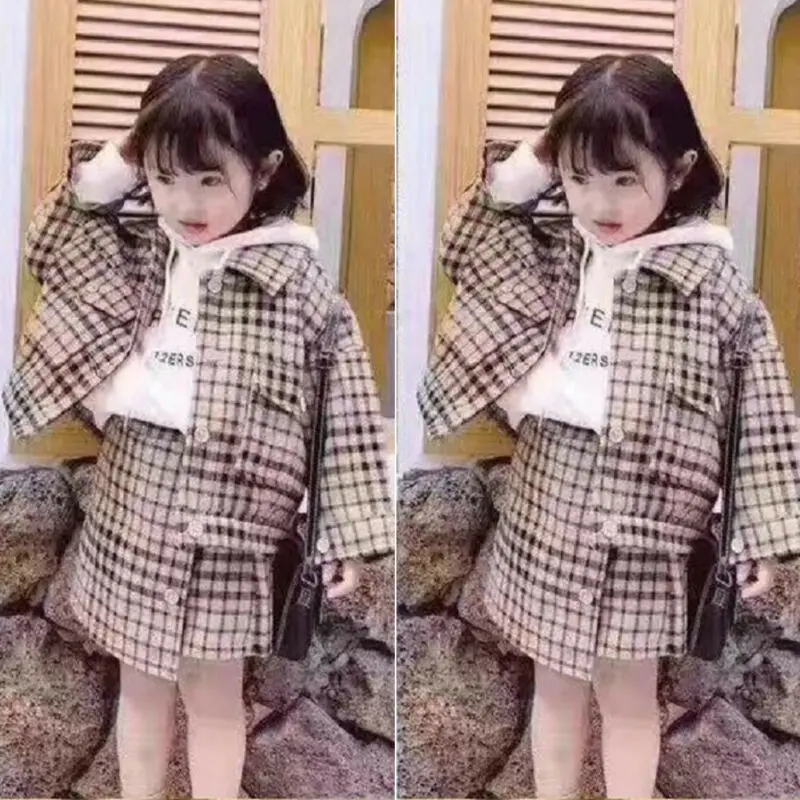 Модная зимняя одежда для маленьких девочек клетчатое пальто с длинными рукавами топ+ юбка-пачка на пуговицах, строгий комплект одежды из 2 предметов