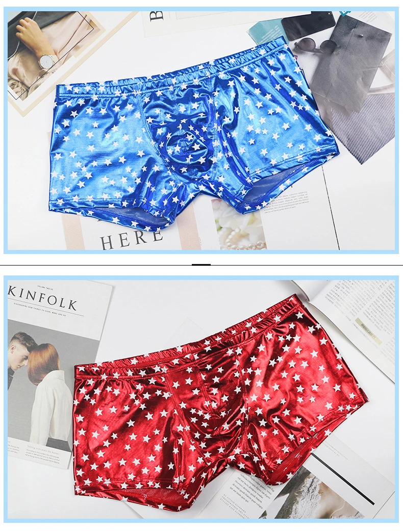Underwear Men Sexy Faux Leather Fashion Boxers Man Panties Brand Tight Pouch Print Boxer shorts Gay Underwear Printed Red Blue