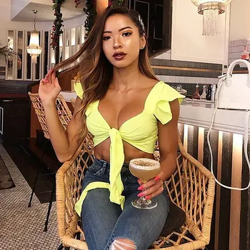

Summer Women Elegant Bowknot Short Tank Top Short Sleeve V-Neck Sexy Neon Ruffle Crop Top Solid Elegant Backless Tank Top