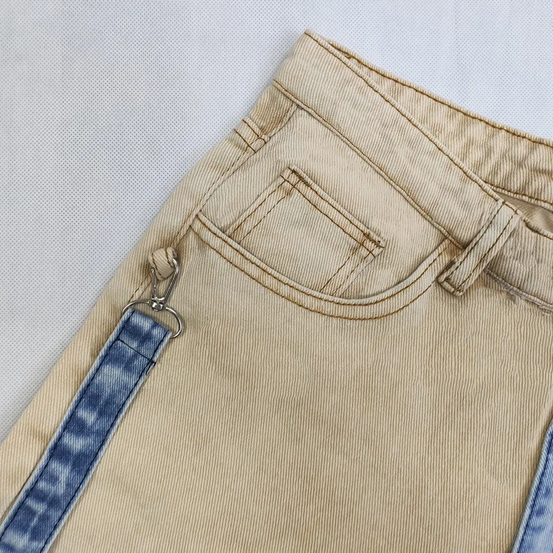 2023 New Khaki Denim Blue Personalized Color-blocking Washed Jeans Men's Straight Pants Zipper Tooling