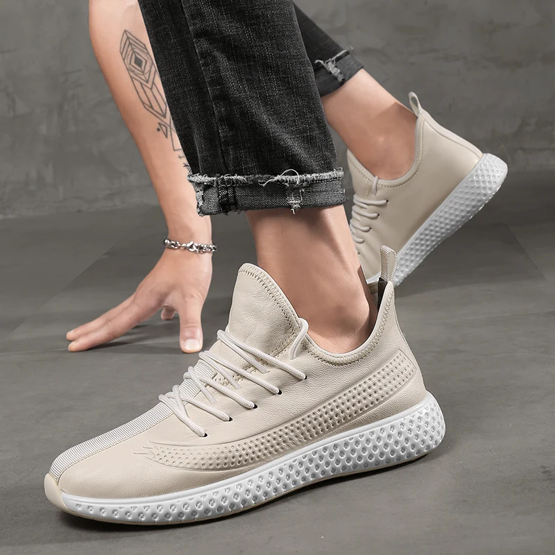 

genuine pig leather men causal shoes black white solid color moccasins non-slip lace up flat breath light leisure shoes