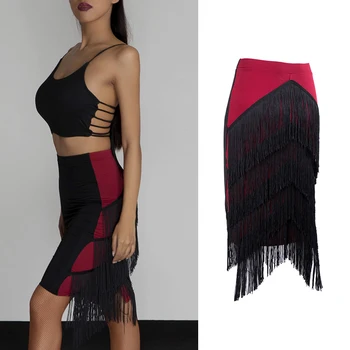 

Lady Latin Dance Skirt Female Sexy Black Fringe Red Skirt Latin Dance Competition Costume Rumba/Tango Performance Skirt DQL1812