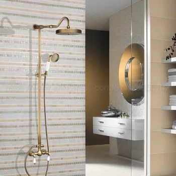 

Antique Brass Bathroom Rainfall Shower Faucets Set Double Handle Mixer Tap Faucets Wall Mounted Bath Showers Sets zan519