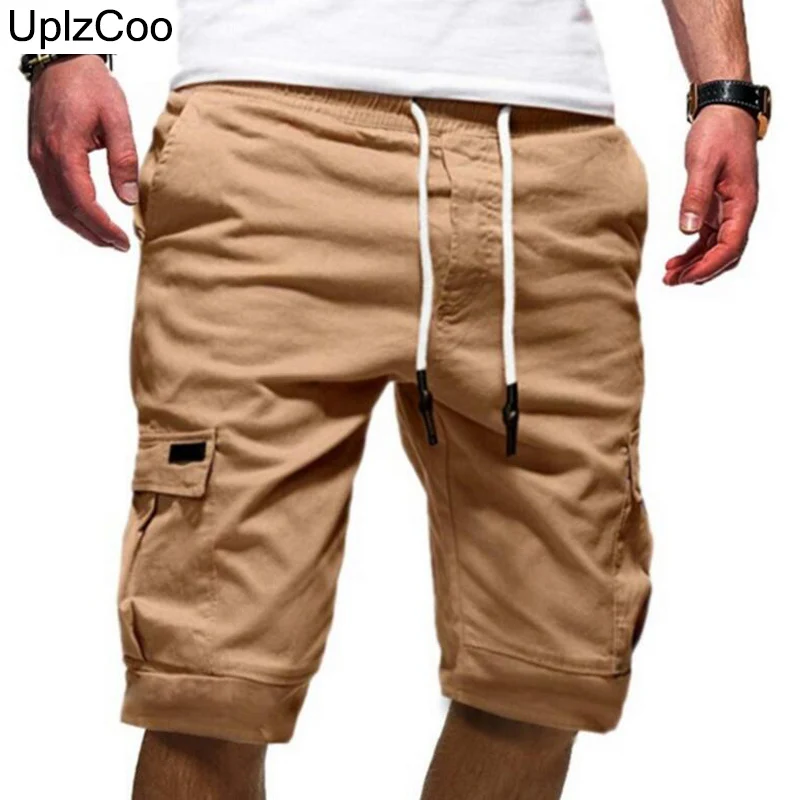 Khaki UplzCoo мужские короткие летние хлопковые мужские повседневные штаны с эластичной резинкой на талии однотонные мужские свободные уличные спортивные шорты 3XL FM144 - Цвет: Khaki