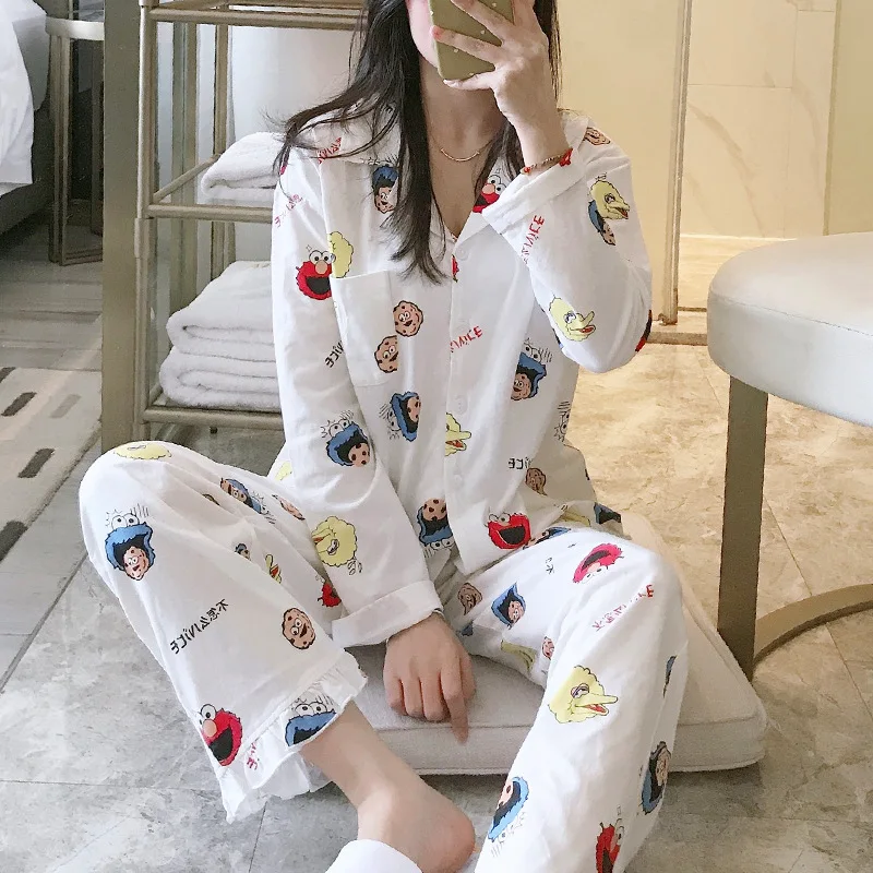 

Pajamas Women's Spring And Autumn Long Sleeve Pure Cotton Korean-style INS Cardigan Cute Sweet Two-Piece Set Loose-Outer Wear Tr