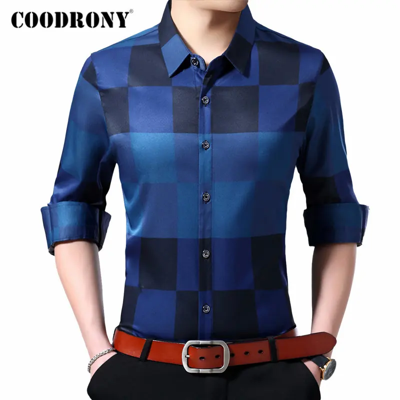 Бренд COODRONY, мужская рубашка, модная клетчатая деловая Повседневная рубашка, Осень-зима, рубашка с длинным рукавом, Мужская одежда, Camisa Masculina 96086