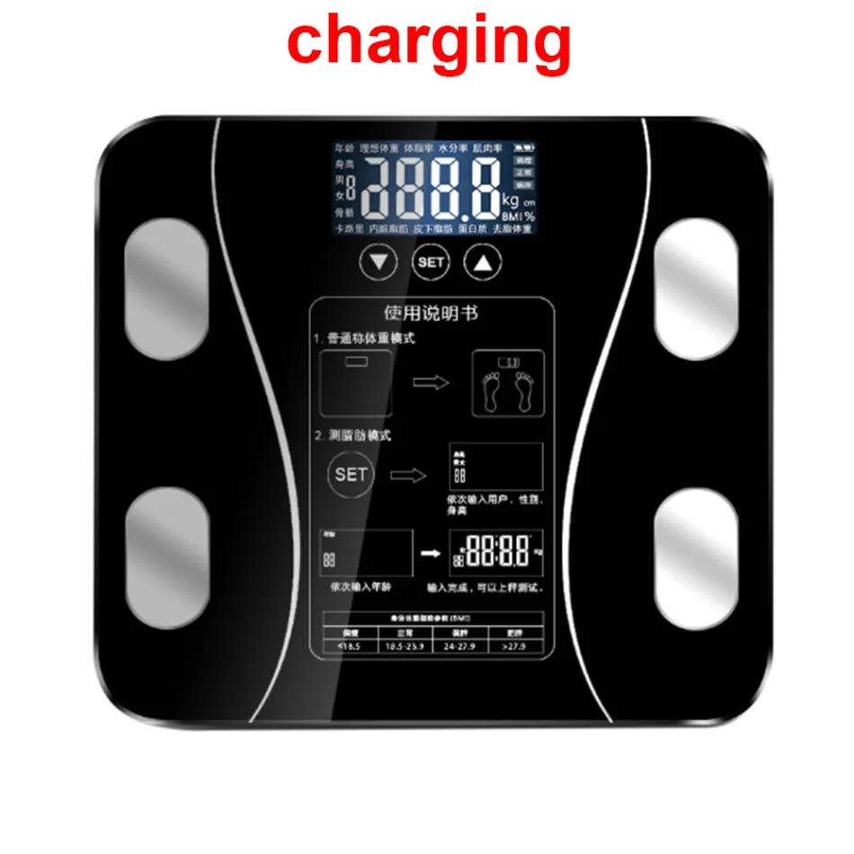 Black charging Закаленные стеклянные весы для тела, электронные весы, цифровые весы BMI, анализатор состава тела - Цвет: Black charging