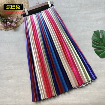 

CR Woman Rainbow Gradient Color Pleated Skirt Summer Striped Elastic Waist Long Skirts for Girl Date Party Casual Wear