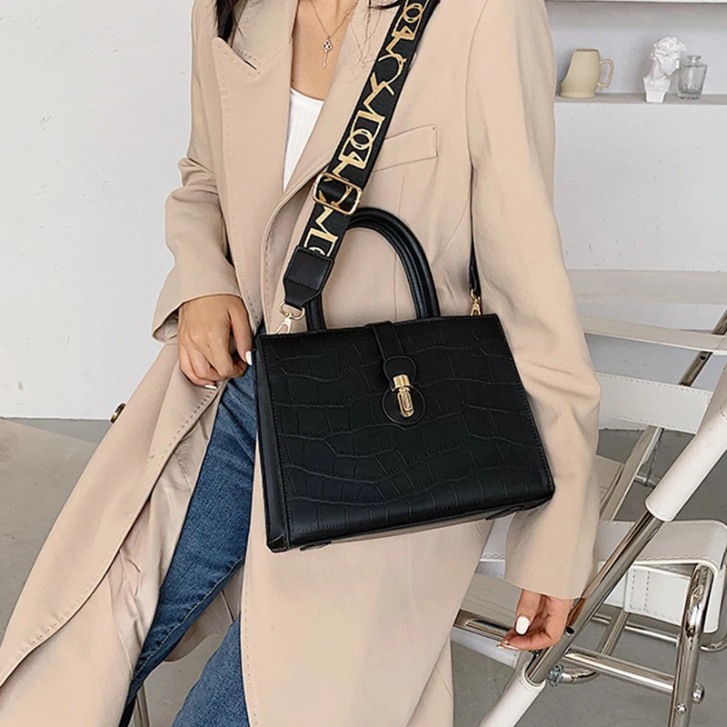 

Stone Pattern Pu Leather Crossbody Bags for Women 2020 Luxury Top Handle Handbags Female Wide Shoulder Strap Messenger Bags Sac