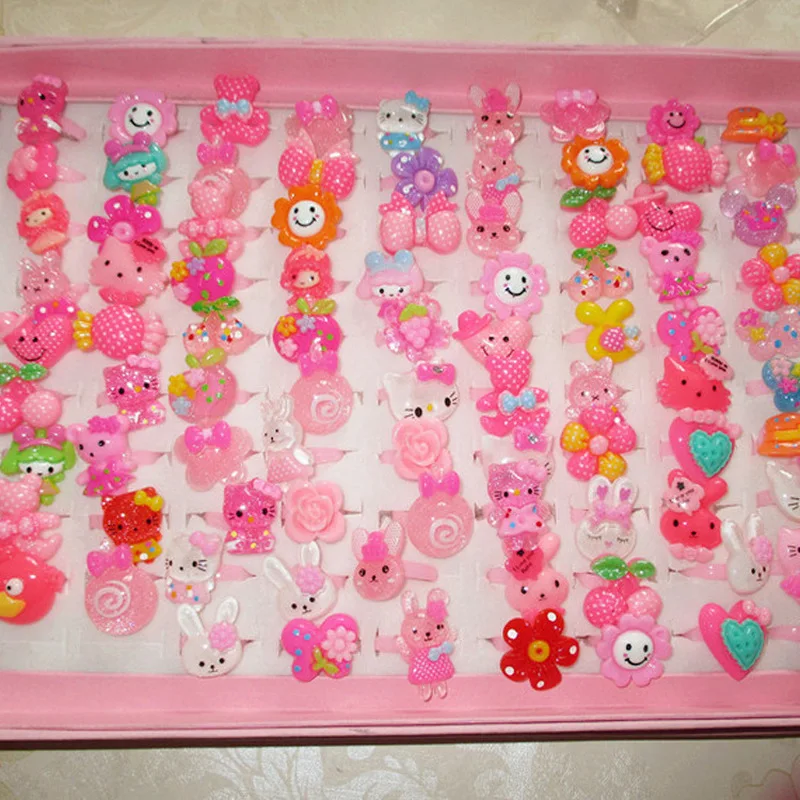 10PcsCuteChildrensDayMixedColorJewelryPlasticKidsRingsfor