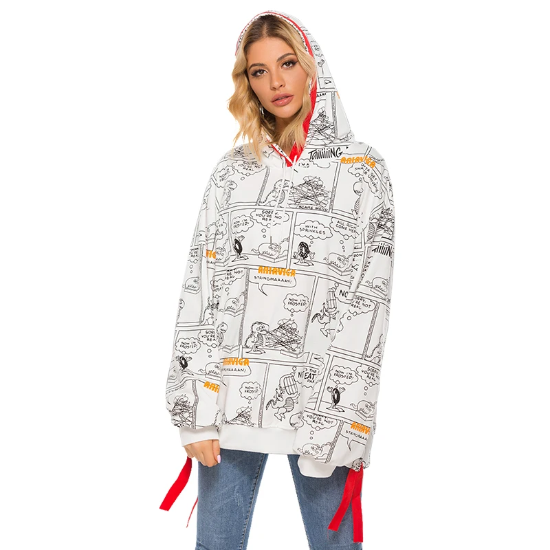 GLO-STORY Casual Women Cartoon Loose Sweatshirts Lady Tape Hoodies Split Hem Tops for Female