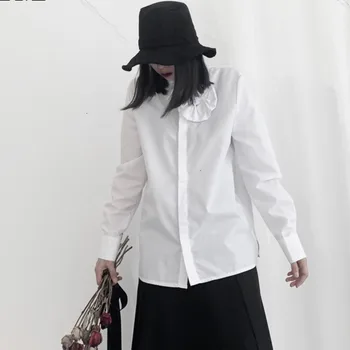 

[] Women white flower split temperament Blouse New Lapel Long Sleeve Loose Fit Shirt Fashion Tide Spring Autumn 2020 19A-a677