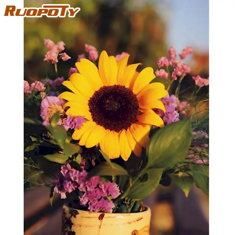

RUOPOTY Frame Sunflower Painting By Numbers Kits For Adults Home Living Room Decoration Artcraft 60x75cm Frame Photo