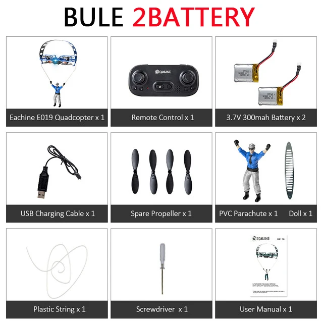 Blue 2batteries Eachine E019 2-осевой RC трюк парапланерный режим полета с режимом удержания высоты Дрон Квадрокоптер RTF - Цвет: Blue 2batteries