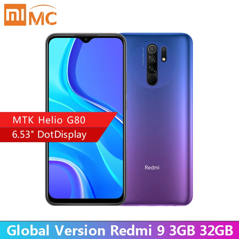  Оригинальная глобальная версия смартфона Redmi 9 3 ГБ 32 ГБ 6,53 "FHD + Dot Drop Display Helio G80 Octa core 5020mAh Quick Charge Face 