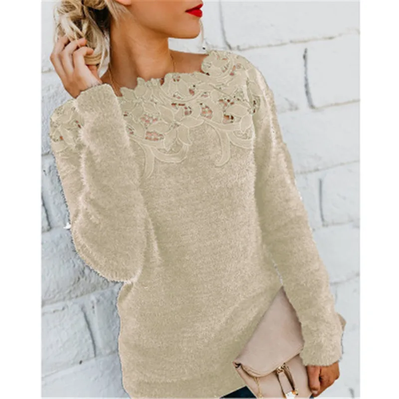 khaki sweater Модный кружевной кашемировый свитер, женский свитер и пуловеры, повседневный Однотонный женский свитер с круглым вырезом, осенние свитера, топы для женщин - Цвет: khaki sweater