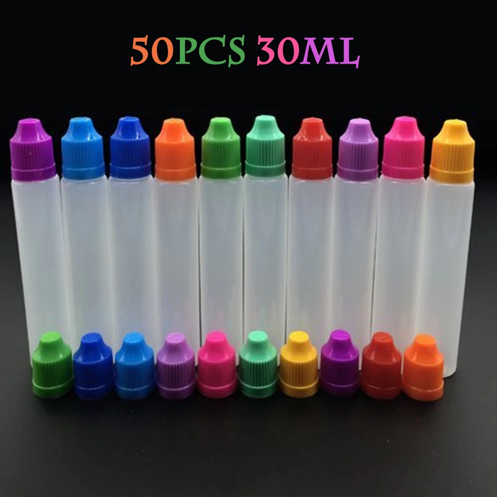 50 шт. 30ml PE Ручка Тип пустая бутылка формы ручки e бутылка жидкости для электронных сигарет Пластиковые Многоразовые флакон-капельница бутылки w/красочные кепки подходит для электронных сигарет