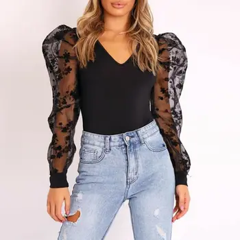 

Spring Women's Fashion Mesh Embroidered Sexy Rompers Clubwear Playsuit Long Sleeved Waist Skinny Bodysuit Slim V-neck Jumpsuit