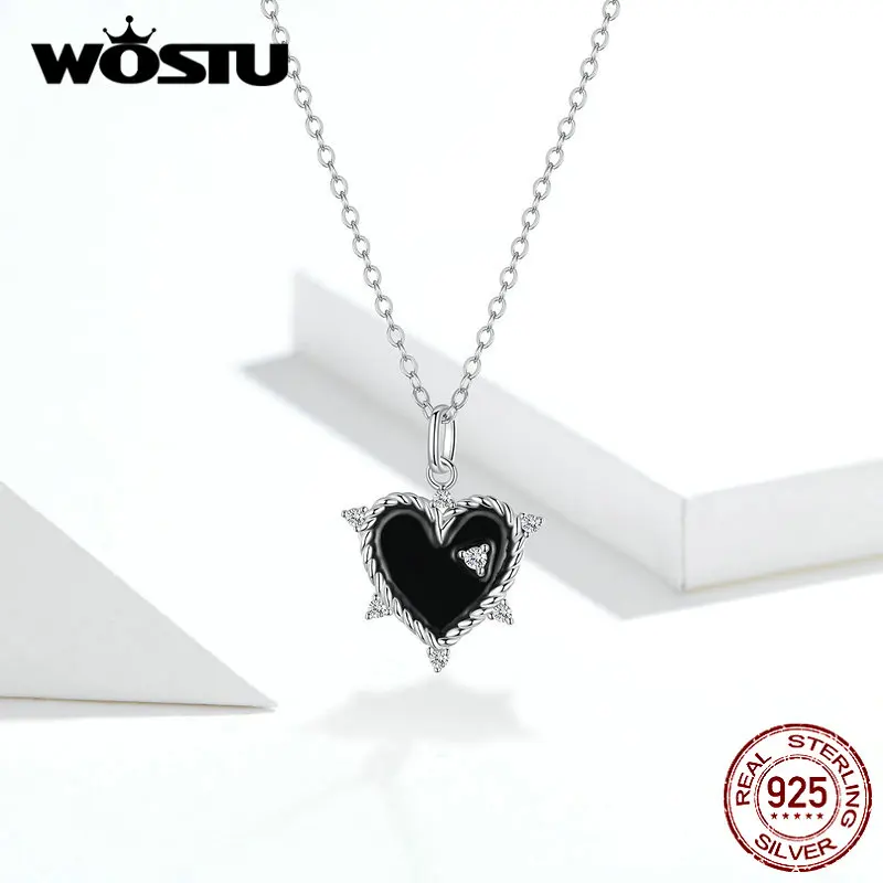 WOSTU, 925 пробы, серебряное, черное сердце, ожерелье для влюбленных, подвеска, длинная цепочка, звено для женщин, день рождения, дружба, ювелирное изделие, FIN350