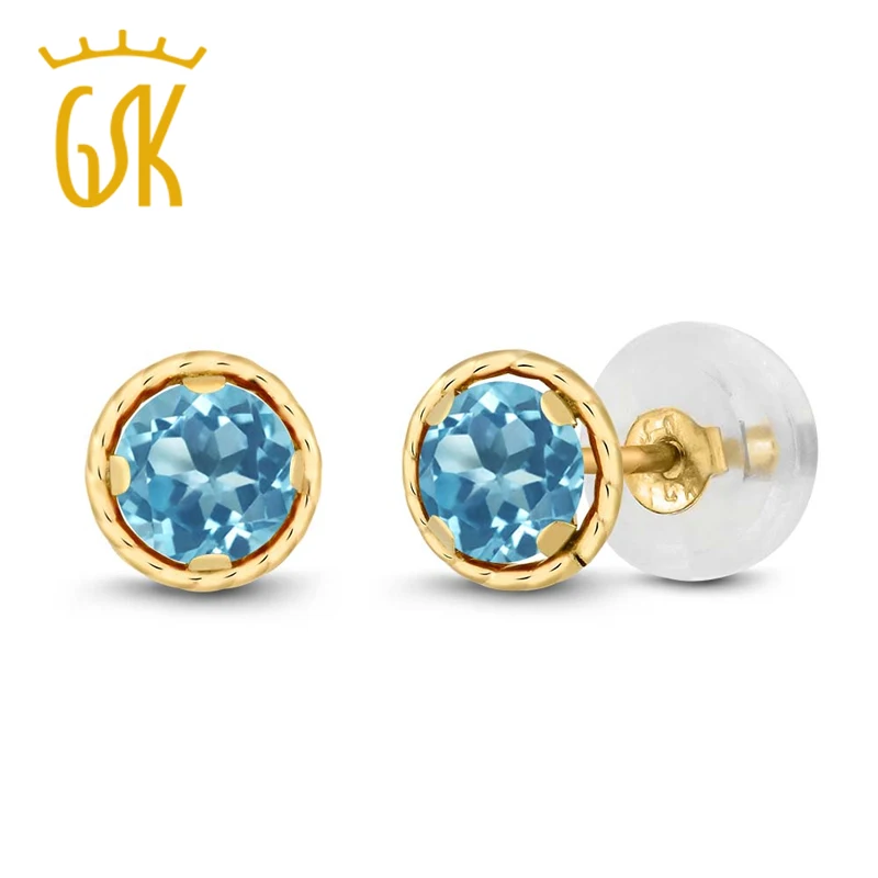 Серьги с топазом GemStoneKing 0,66 карат круглые 4 мм натуральный голубой топаз 14 к желтое золото серьги-гвоздики для женщин
