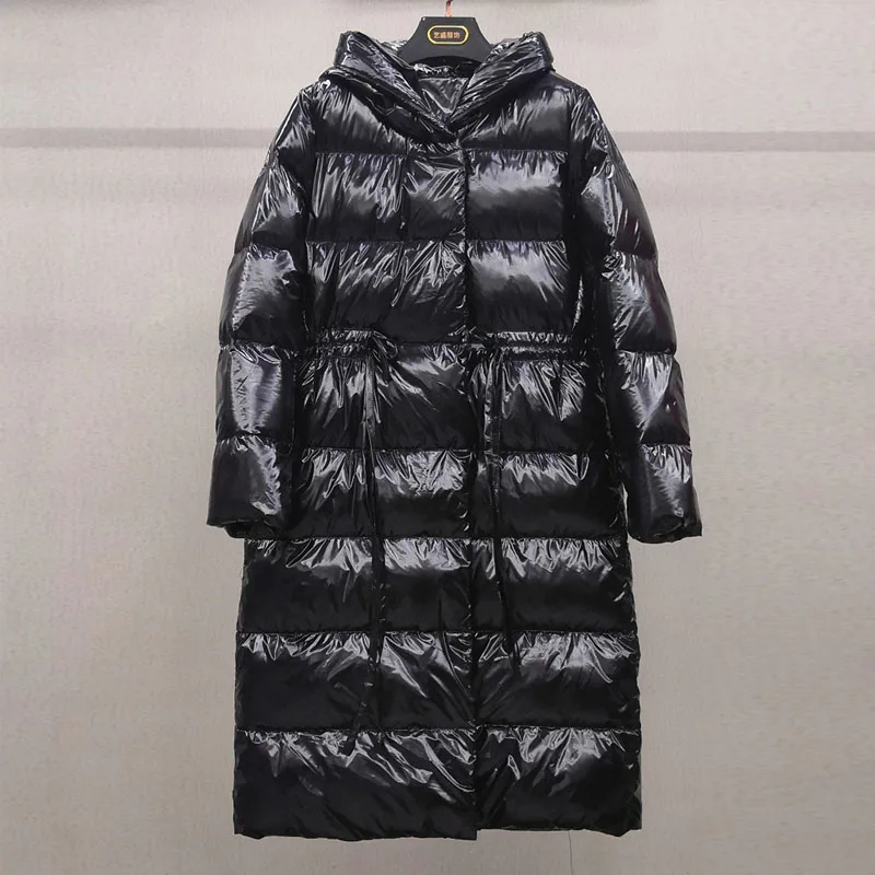 Блестящая куртка из лакированной кожи женская зимняя пуховик Женская Длинная