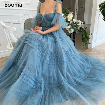 

Booma Blue Long Prom Dresses Sweetheart Crumpled Tulle Evening Dresses Off Shoulder Tiered A-Line Party Dresses Bow Belt