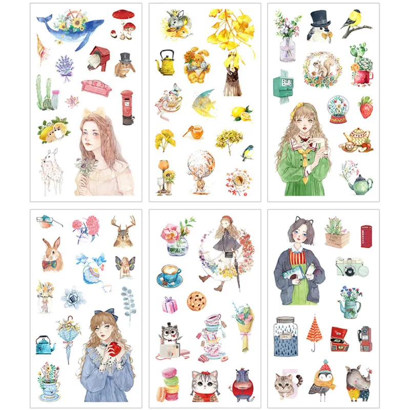 

6 Pcs/pack Flora And Fauna Stickers Cartoon Decorative Stationery Stickers DIY Scrapbooking Stick Label Bullet Journal Supplies