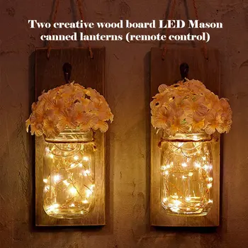 

Creative Wood Board Led Mason Cans Lantern Glass Mason Cans Retro Wall Lamp Remote Control Courtyard Lamp