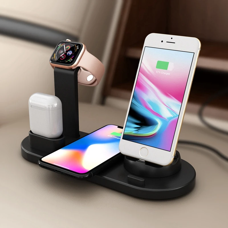 

Hot 4 in 1 Charging Stand for Apple Watch and Airpods 10W Qi Fast Wireless Charger Dock for iPhone 11/XS/X/8 Samsung with USB Po