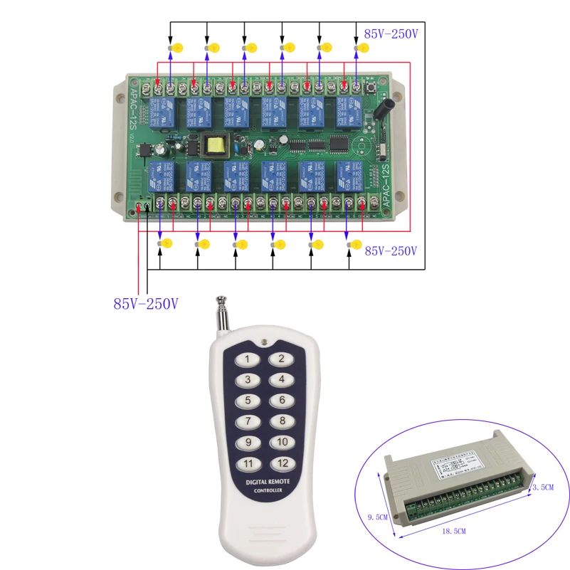 

220V 10A relay 12Ch wireless Programable RF Remote Control Transmitter Receiver Switch Relay 85V-250V Receiver Module 315/433MHz