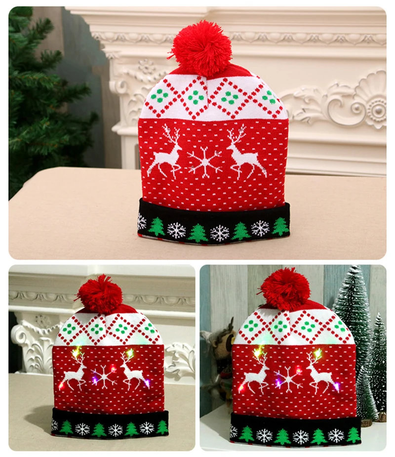 HOT! Fashion Xmas Hats Soft Knitted Hat With LED Light Santa Snowman Reindeer Christmas Hat Adult Kids Party Cap Christmas Decor