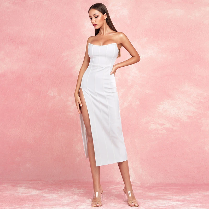 white dress Модное белое подиумное платье с открытыми плечами без рукавов высокой щели средней длины облегающее эластичное Бандажное платье для ночного клуба Новинка - Цвет: white dress