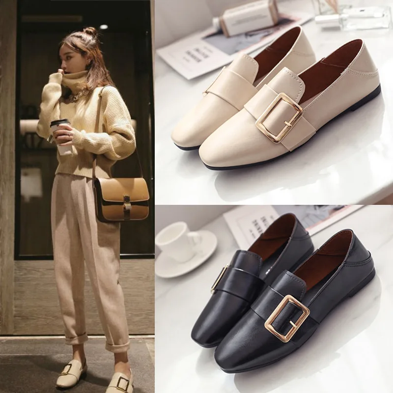

2019 Spring Loafers Women's British-Style Slip-on Lazy Small Leather Shoes Double Purpose Flat Moccosins Shoes 1802