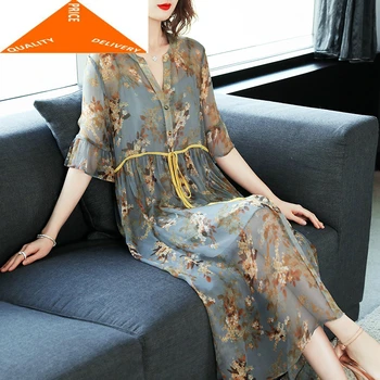 

Silk Women Real Summer Dress Print Floral Long Party Dresses Elegant Office Wear Vestidos Verano LWL9620