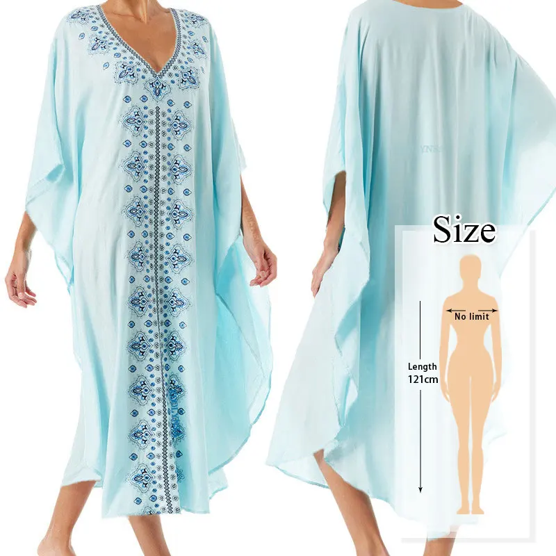 Новинка, женское пляжное платье-кафтан с голубым богемным принтом размера плюс, летняя пляжная одежда с рукавами летучая мышь, свободное Макси платье N685 - Цвет: N576-685