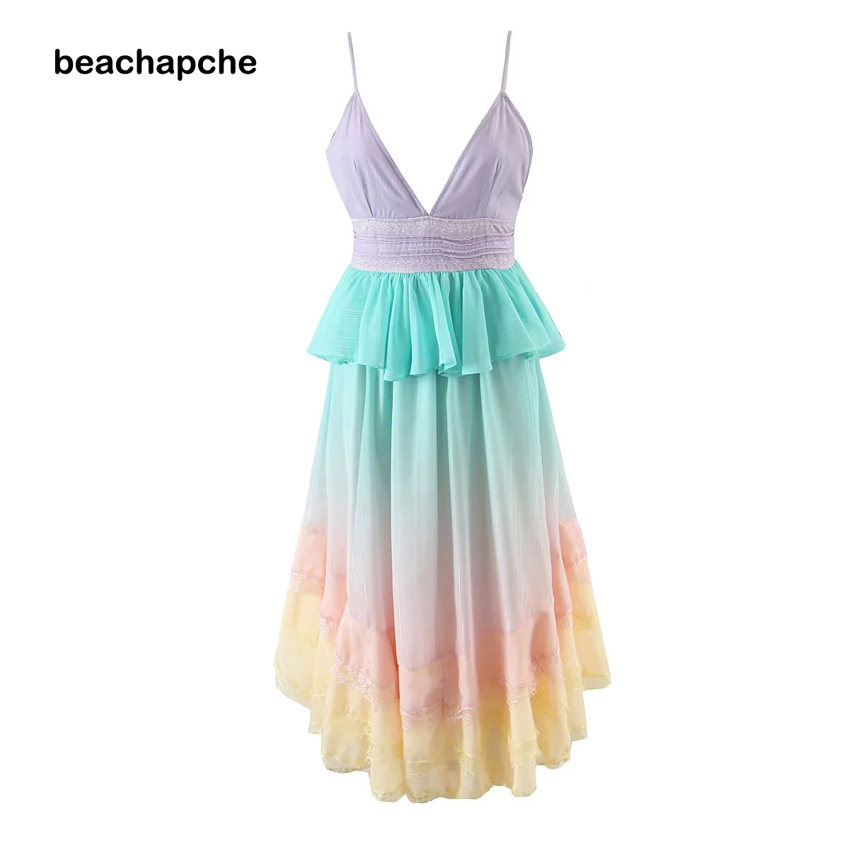 

Beachapche Fashion Women Rainbow Sleeveless V-neck Single-Row Button Luxury Beach Dress 2022 Summer Dresses Women