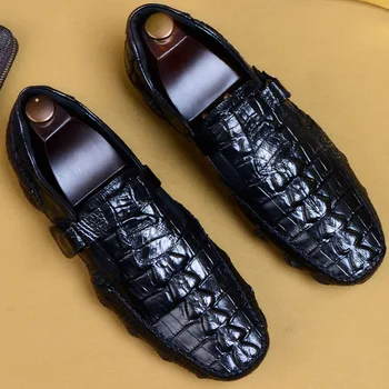 

2019 New Buckle Strap Mens Loafer Shoes 100% Genuine Leather Luxury Fashion Casual Comfortable Mens Driving Flat Crocodile Shoes
