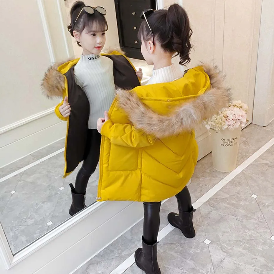 Girls Down Coat Thick Girl Coats Hooded Fur Collar Girls Down Jackets Winter Warm Children's Clothes For Girls 6 8 10 12 14 Year