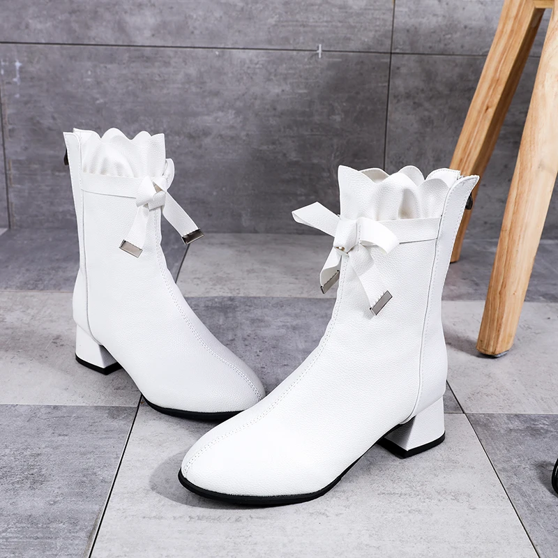 

2019 Women After Zipper Martin Boots Comfortable Mid Heel Ankle Boots Fashion Warm Winter Shoes Black White Women Boots