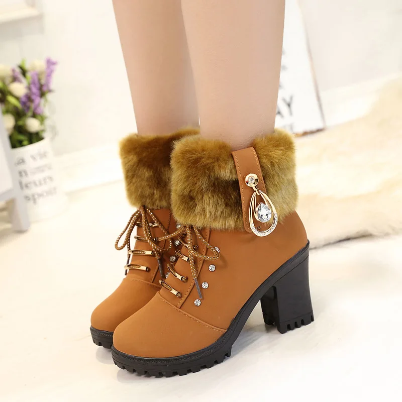 

2018 Autumn And Winter New Style Solid Color plus Velvet Martin Boots Front Lace-up Anti-slip High-Heel round-Toe Mom Shoes Lace