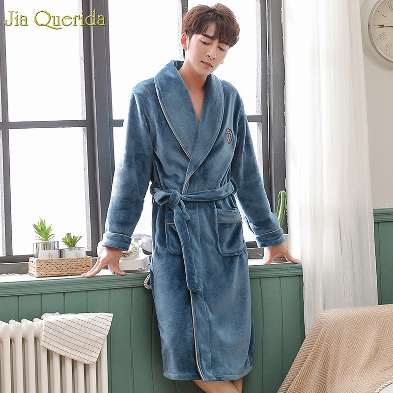 Банный халат мужской длинный фланелевый Халат-кимоно с поясом синим значком