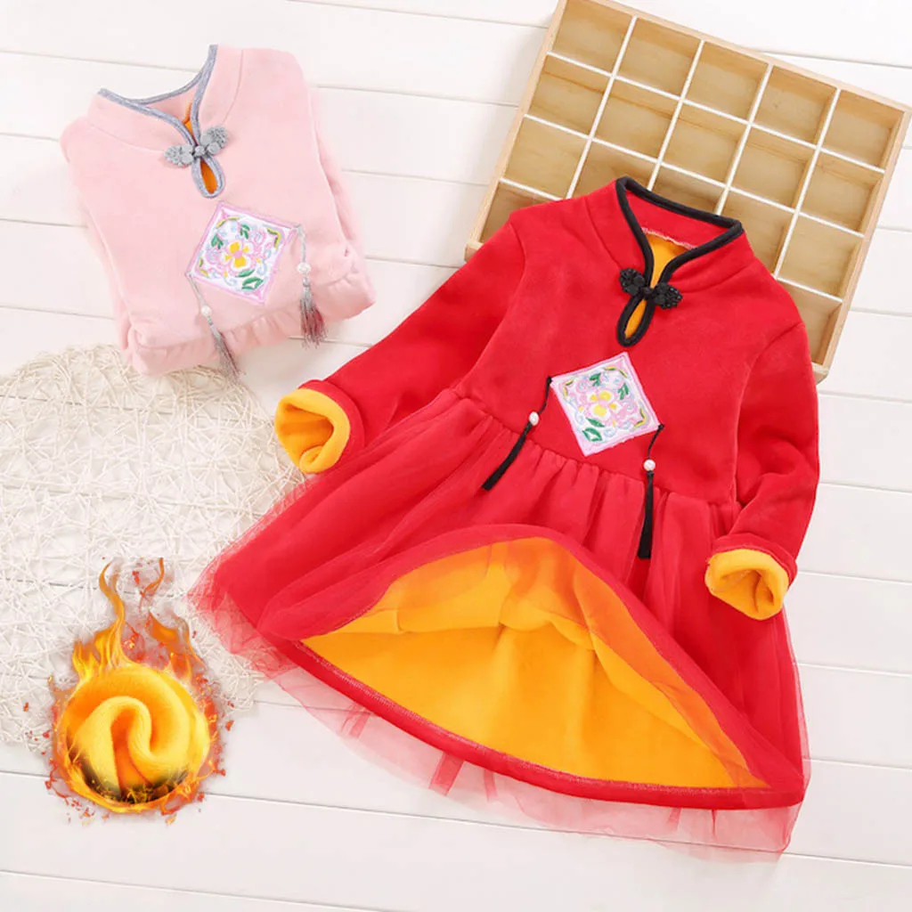 Китайский новогодний костюм для маленьких девочек Теплые платья в китайском стиле модное платье для маленьких девочек зимняя теплая одежда, юбка
