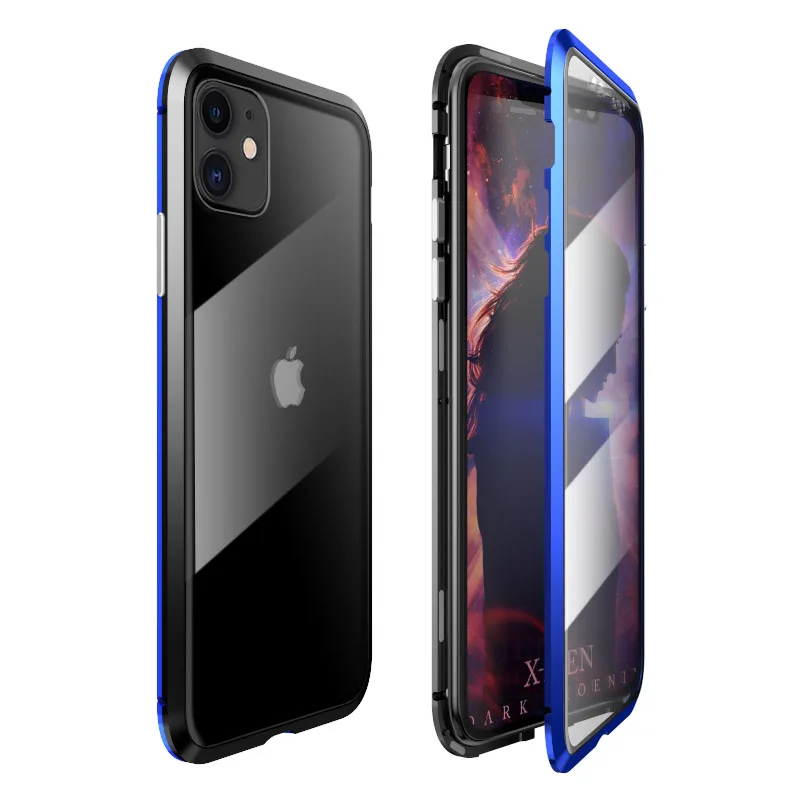Для iPhone 11 Pro Max Чехол-Броня металлическая рамка Магнитная двойная закаленное стекло противоударный 360 чехол для iPhone 11 Pro Max чехол - Цвет: Black Blue