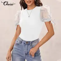 Celmia-Blusa informal de malla con manga abombada para verano, camisa Sexy ajustada con cuello redondo para mujer, 2021